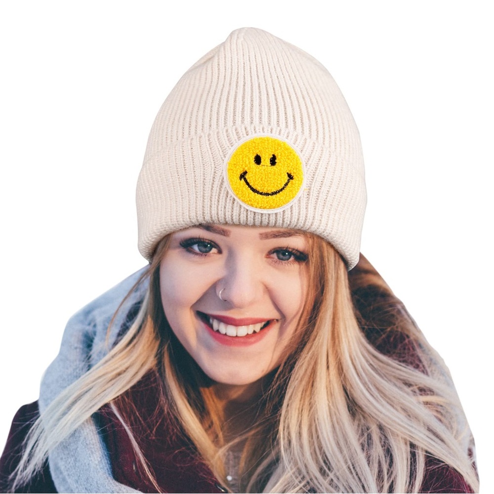 Cozy cream smiley face beanie - women’s one size